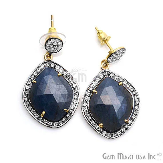 Blue Sapphire With Cubic Zirconia Pave Diamond 38x22mm,Gold Vermeil Dangle Drop Stud Earring