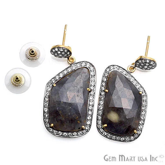 Blue Sapphire With Cubic Zirconia Pave Diamond 40x19mm,Gold Vermeil Dangle Drop Stud Earring