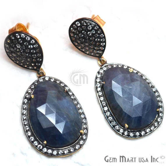 Blue Sapphire With Cubic Zirconia Pave Diamond 42x18mm,Gold Vermeil Dangle Drop Stud Earring