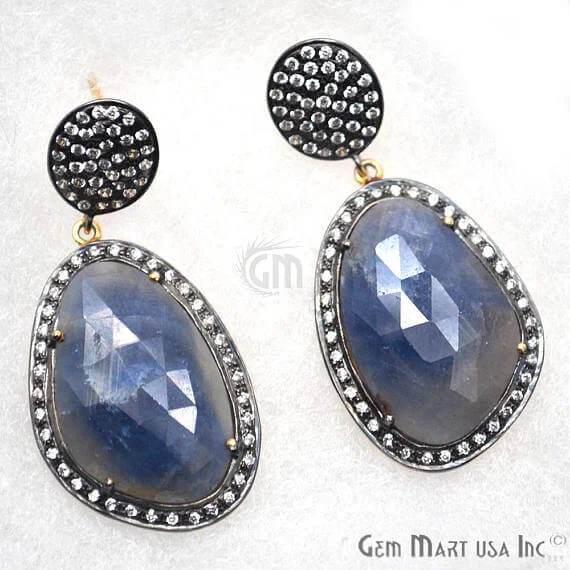 Blue Sapphire With Cubic Zirconia Pave Diamond 42x20mm,Gold Vermeil Dangle Drop Stud Earring