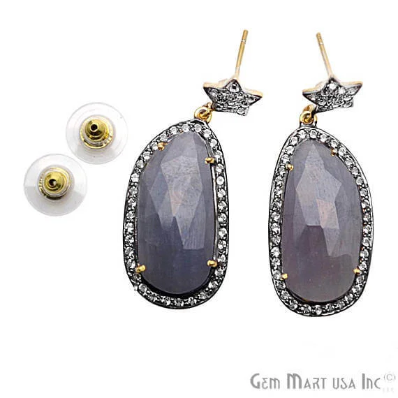 Blue Sapphire With Cubic Zirconia Pave Diamond 43x16mm,Gold Vermeil Dangle Drop Stud Earring