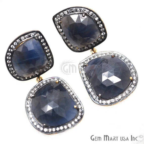 Blue Sapphire With Cubic Zirconia Pave Diamond 44x20mm,Gold Vermeil Dangle Drop Stud Earring