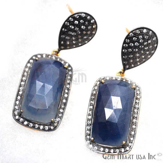 Blue Sapphire With Cubic Zirconia Pave Diamond 45x16mm,Gold Vermeil Dangle Drop Stud Earring