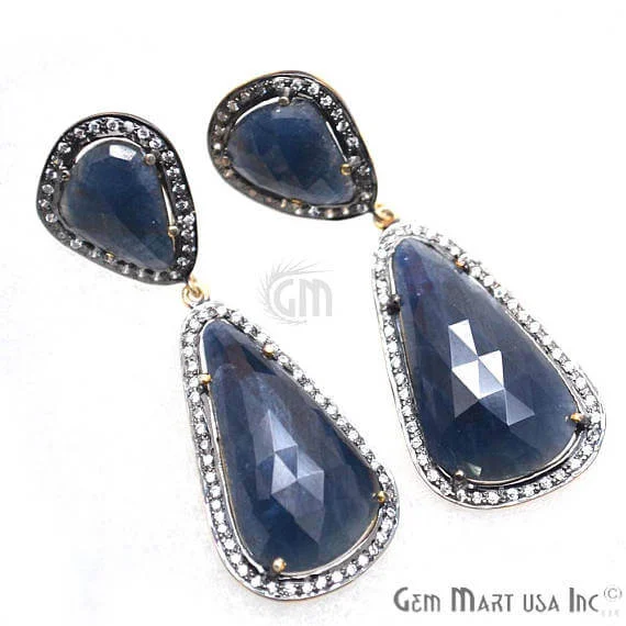 Blue Sapphire With Cubic Zirconia Pave Diamond 53x17mm,Gold Vermeil Dangle Drop Stud Earring