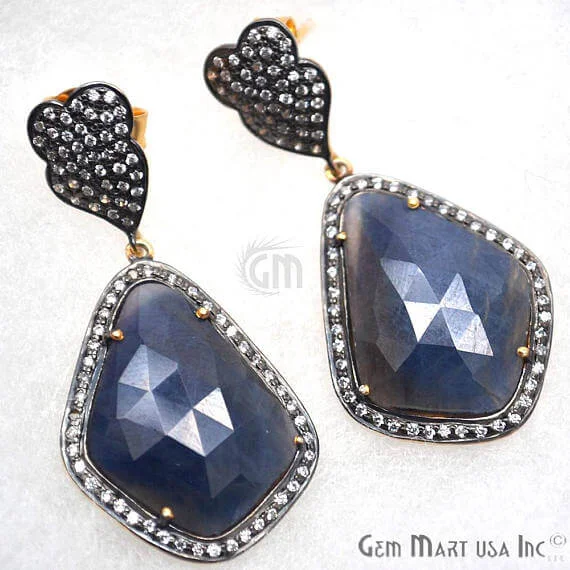 Blue Sapphire With Cubic Zirconia Pave Diamond 56x23mm,Gold Vermeil Dangle Drop Stud Earring