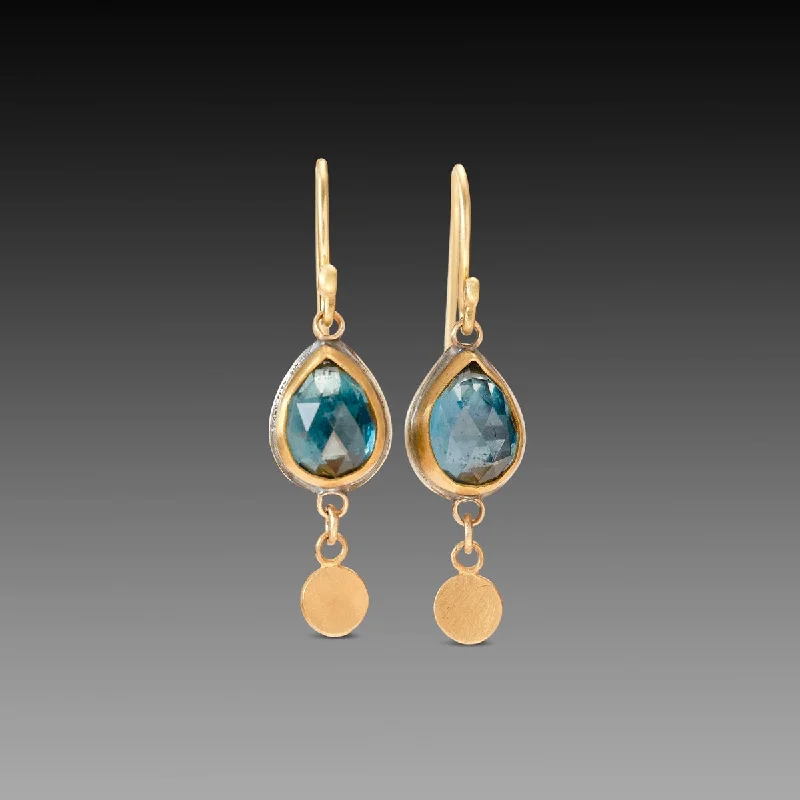 Blue Topaz Earrings with Gold Drops