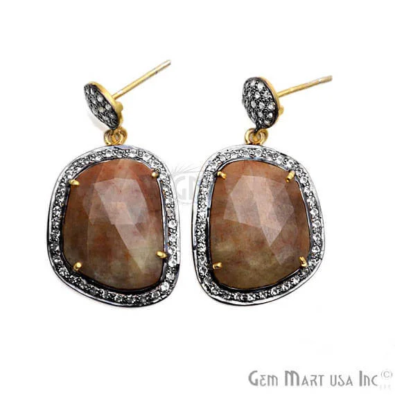 Brown Sapphire With Cubic Zirconia Pave Diamond 21x38mm,Gold Vermeil Dangle Drop Stud Earring