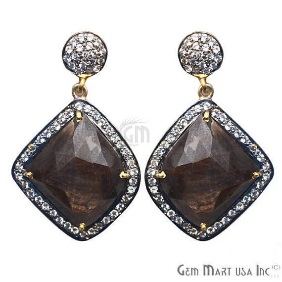 Brown Sapphire With Cubic Zirconia Pave Diamond 25x40mm,Gold Vermeil Dangle Drop Stud Earring