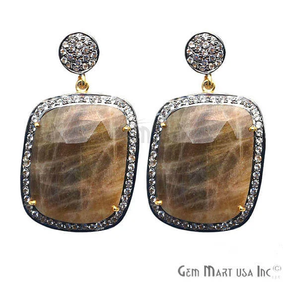 Brown Sapphire With Cubic Zirconia Pave Diamond 25x43mm,Gold Vermeil Dangle Drop Stud Earring