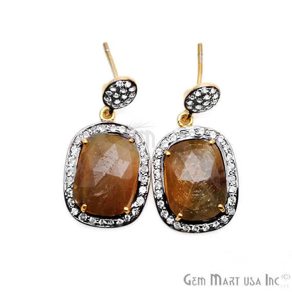 Brown Sapphire With Cubic Zirconia Pave Diamond 33x16mm,Gold Vermeil Dangle Drop Stud Earring