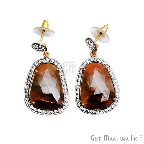 Brown Sapphire With Cubic Zirconia Pave Diamond 39x20mm,Gold Vermeil Dangle Drop Stud Earring