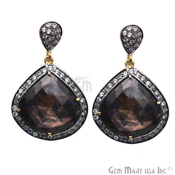 Brown Sapphire With Cubic Zirconia Pave Diamond 39x25mm,Gold Vermeil Dangle Drop Stud Earring