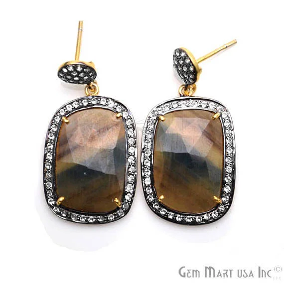 Brown Sapphire With Cubic Zirconia Pave Diamond 40x20mm,Gold Vermeil Dangle Drop Stud Earring