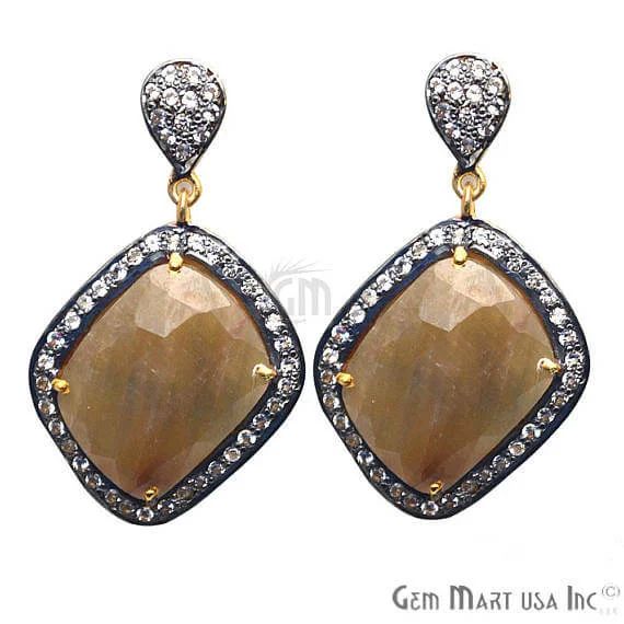 Brown Sapphire With Cubic Zirconia Pave Diamond 40x22mm,Gold Vermeil Dangle Drop Stud Earring