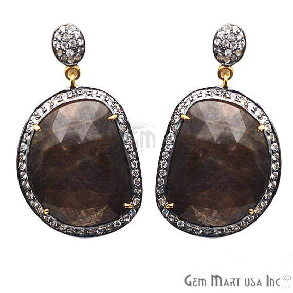 Brown Sapphire With Cubic Zirconia Pave Diamond 43x25mm,Gold Vermeil Dangle Drop Stud Earring