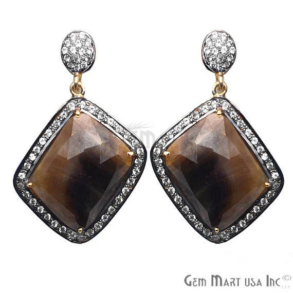 Brown Sapphire With Cubic Zirconia Pave Diamond 43x27mm,Gold Vermeil Dangle Drop Stud Earring