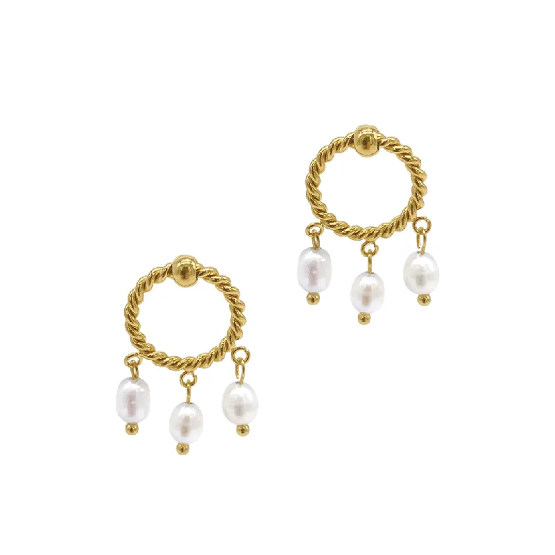 Tarnish Resistant 14k Gold Plated Cable Hoop and 3-Pearl Dangle Earrings