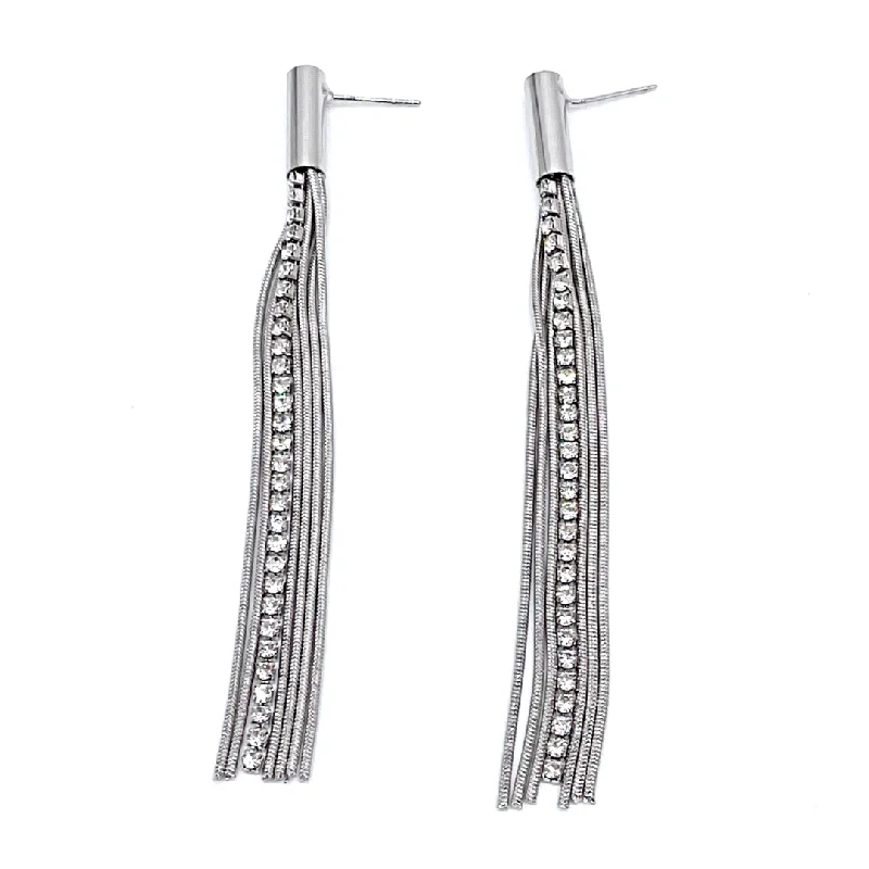 Rhodium Plated Chain and Stone Drop Earrings