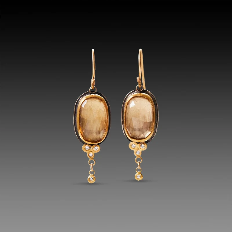 Champagne Quartz Earrings with Diamond Trios