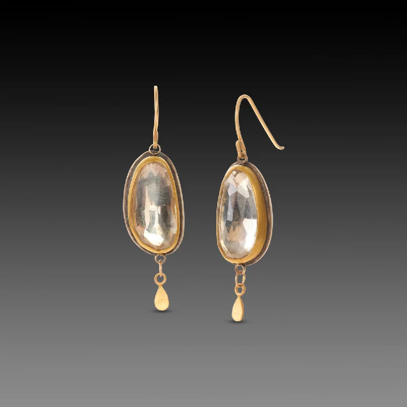 Clear Topaz Earrings with 22k Gold Teardrops