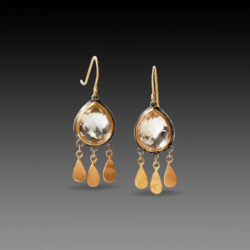 Clear Topaz Teardrop Earrings with 22k Gold Fringe