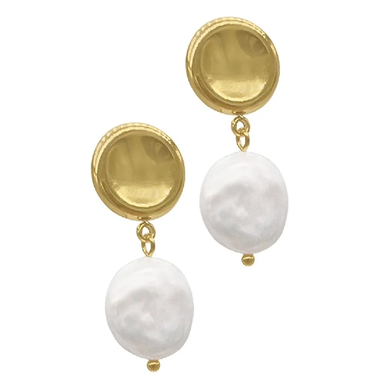 Tarnish Resistant 14k Gold Plated Coin Freshwater Pearl Drop Earrings