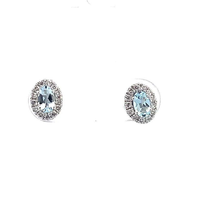 14K White Gold Aquamarine And Diamond Halo Stud Earrings