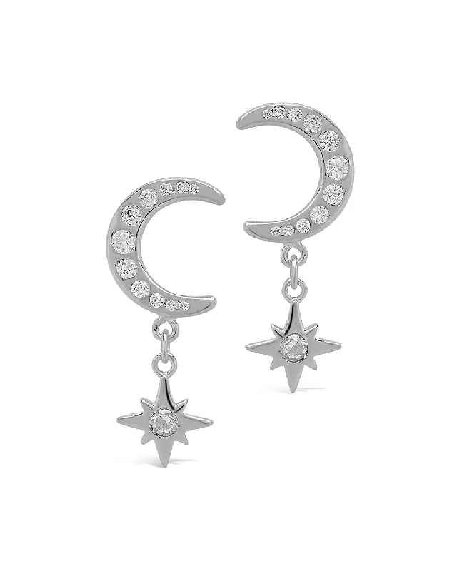 Sterling Silver CZ Crescent & Star Drop Studs