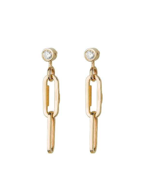 Diamond and Small Paperclip Link Yellow Gold Earrings