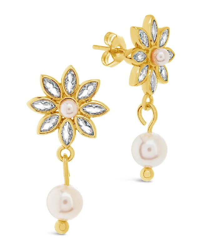 Esti CZ Flower & Pearl Drop Stud Earrings