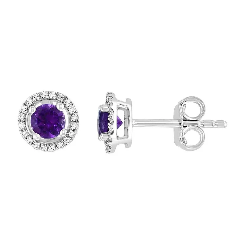 February Birthstone Earrings: 14K White Gold Diamond Halo Amethyst Earrings