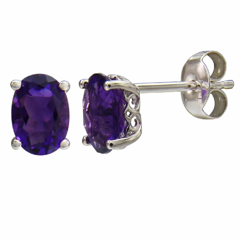 February Birthstone Earrings: 14K White Gold Oval Amethyst Earrings