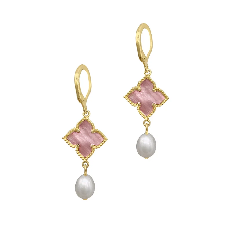 14k Gold Plated Floral and Freshwater Pearl Drop Earrings