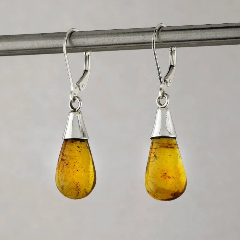 Silver and Amber Leverback Cone Drop Earrings