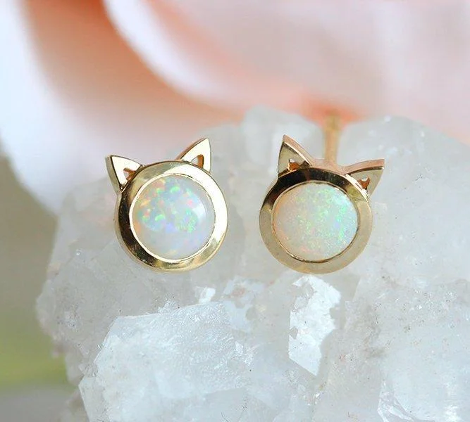 Gold Opal Earrings, Cat Earring Studs Kitten Earrings