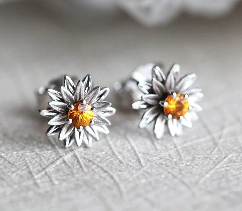 Gold Sunflower Earrings, Orange Earring