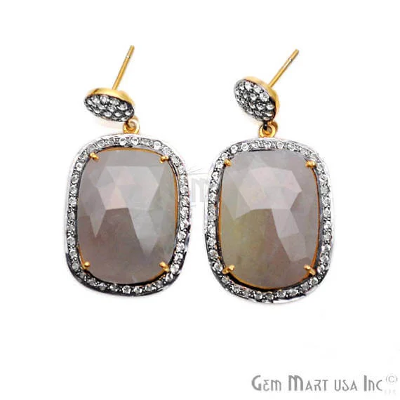 Grey Sapphire With Cubic Zirconia Pave Diamond 22x40mm,Gold Vermeil Dangle Drop Stud Earring