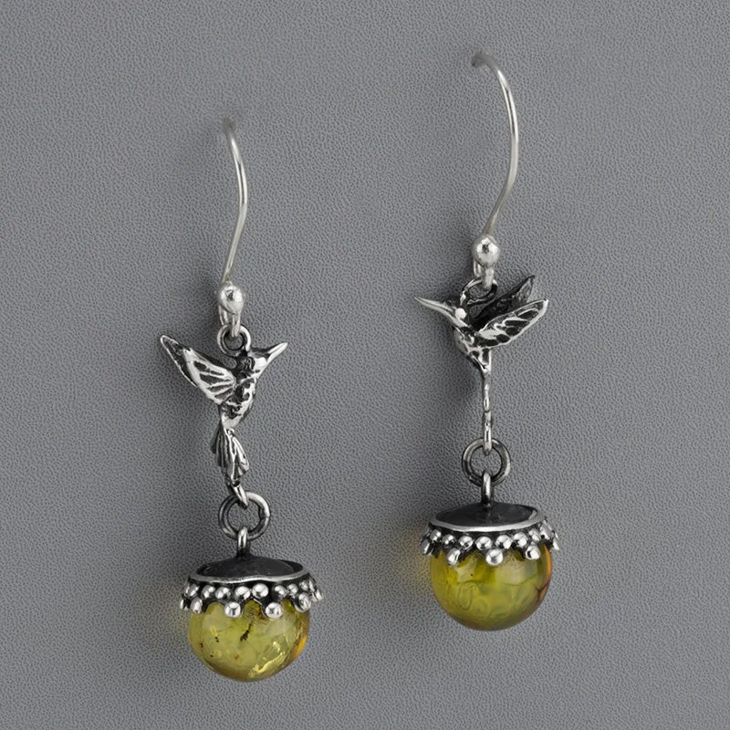 Sterling Silver and Amber Hummingbird Earrings