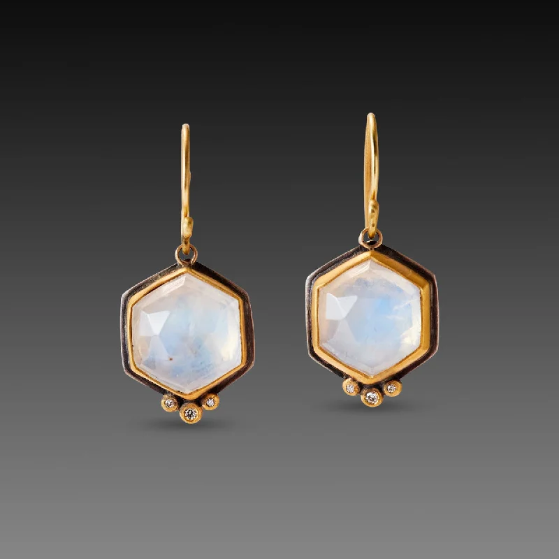 Hexagon Moonstone Earrings with Diamond Trios