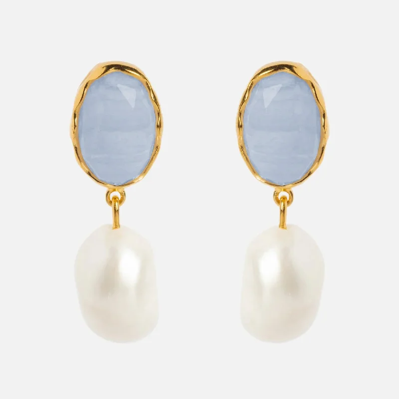 Iris Blue Lace Agate and Pearl Drop Earrings