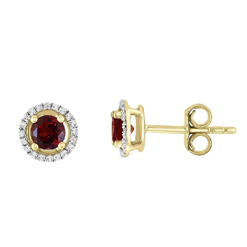 January Birthstone Earrings: 14K Yellow Gold Diamond Halo Garnet Earrings