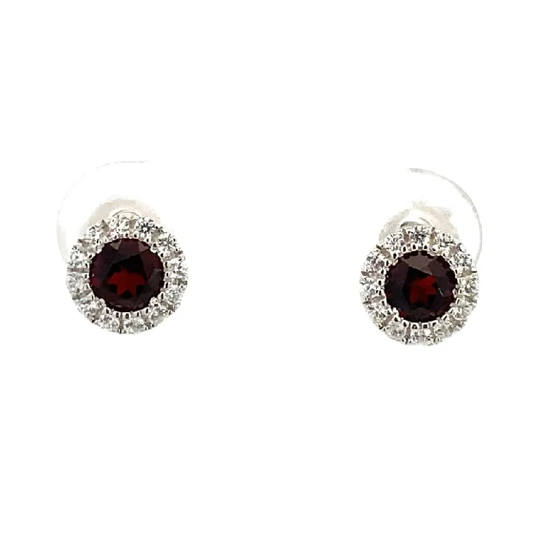 January Birthstone Earrings: Stering Silver Garnet Halo Earrings