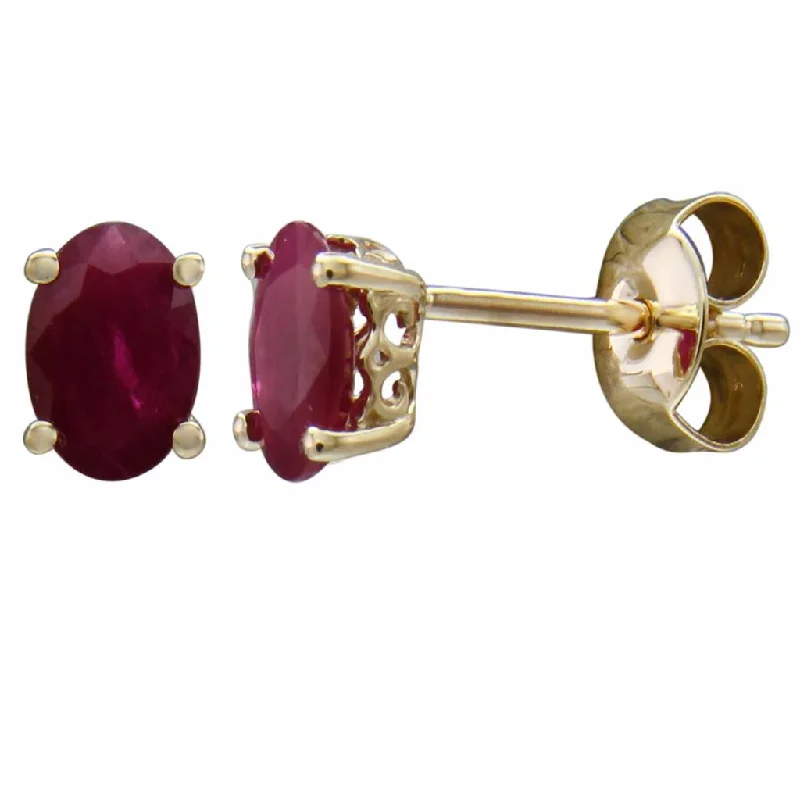 July Birthstone Earrings: 14K Yellow Gold Oval Ruby Earrings