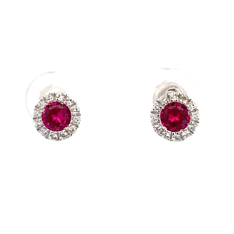 July Birthstone Earrings: Sterling Silver Synthetic Ruby Halo Earrings