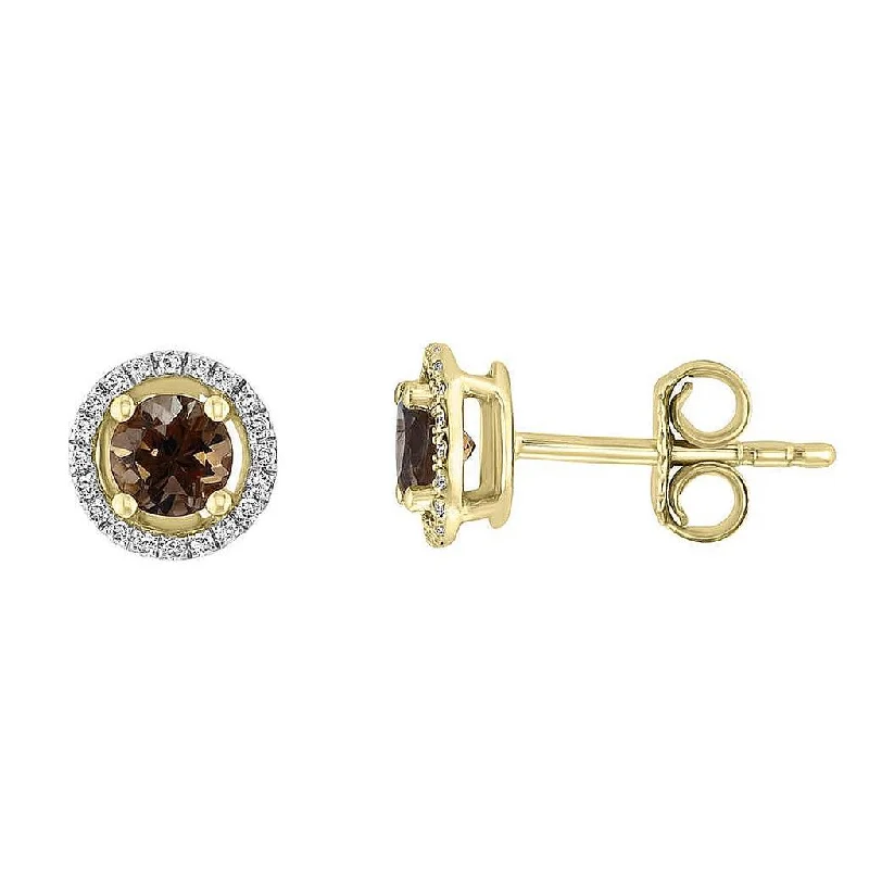 June Birthstone Earrings: 14K Yellow Gold Diamond Halo Smoky Quartz Earrings