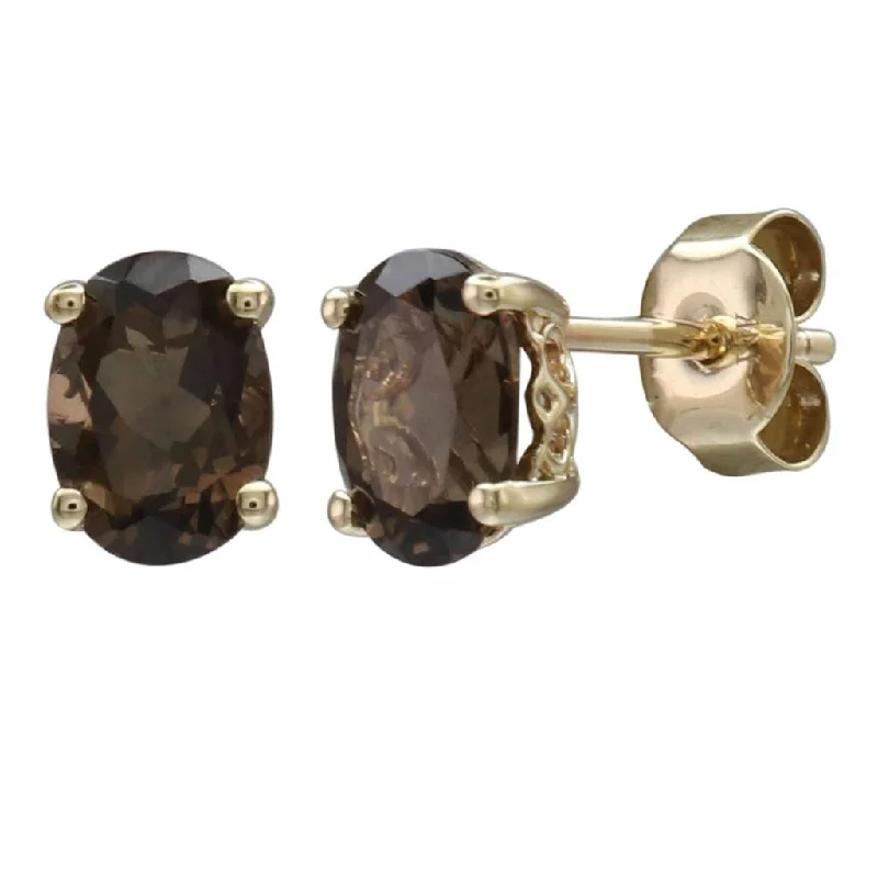 June Birthstone Earrings: 14K Yellow Gold Oval Smoky Quartz Earrings