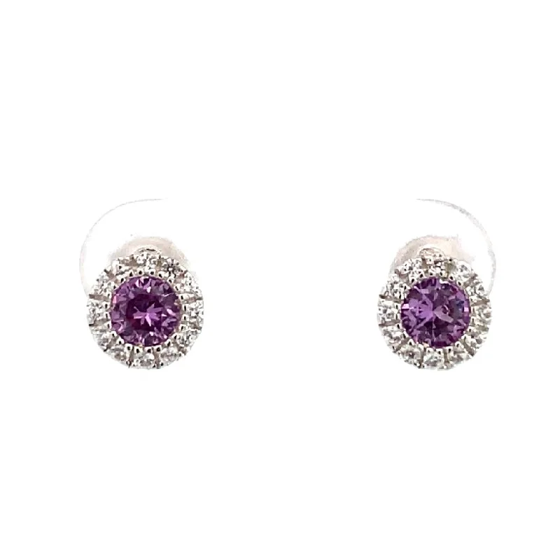 June Birthstone Earrings: Sterling Silver Synthethic Alexandrites Halo Earrings