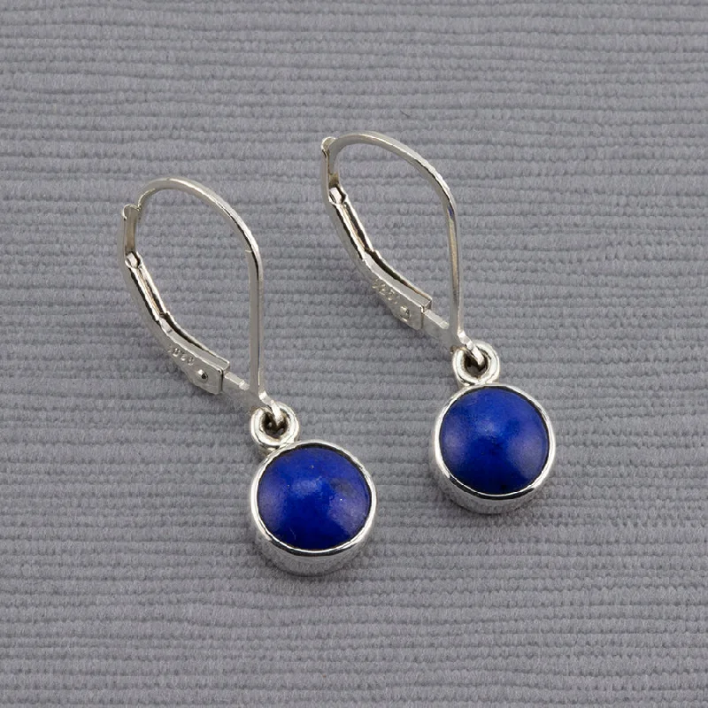 Small Round Lapis Leverback Drop Earrings