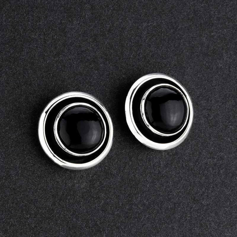 Large Round Black Onyx and Silver Button Stud Earrings