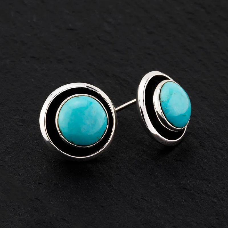 Round Oxidized Silver Turquoise Button Stud Earrings